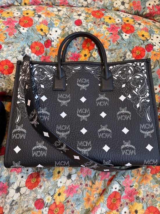 MCM Handbags - MCM Large München Tote Bag Studded Bandana Visetos Black White Shoulder Bag